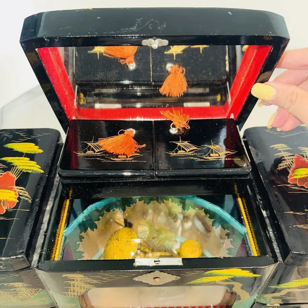 Vintage Jewelry Box Asian Music MOTION Geisha Mirror Japan Handpainted Works 13